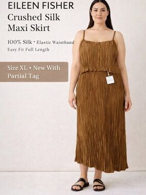 Eileen Fisher Crushed Silk Maxi Skirt Golden Bronze Boho Luxe Minimal Chic XL